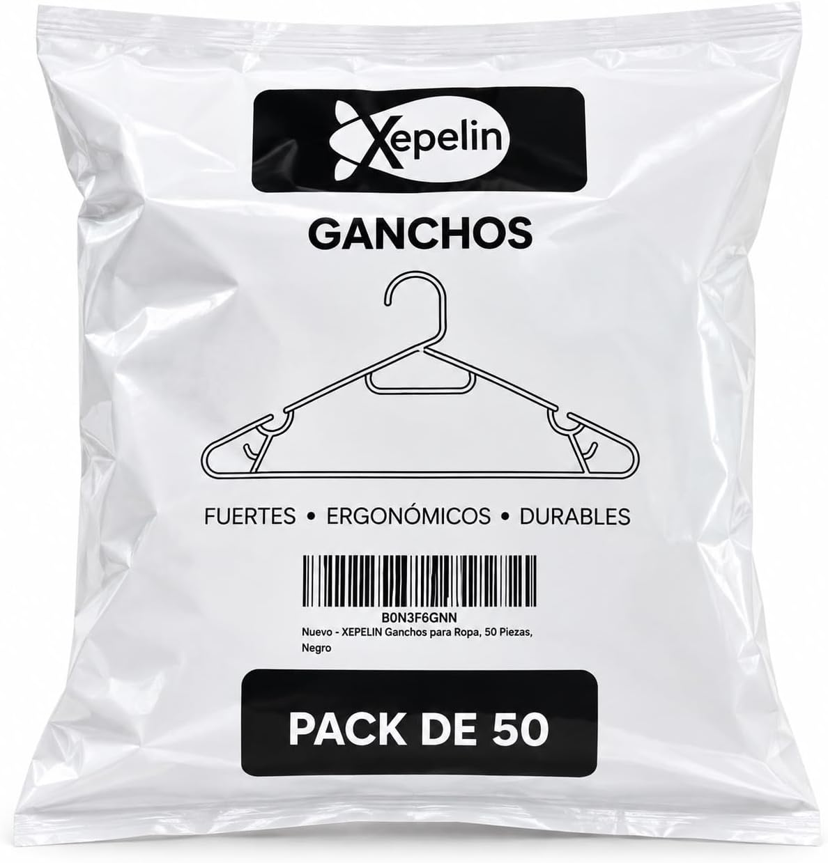 Ganchos para Ropa, Negro, Caja con 50 Piezas