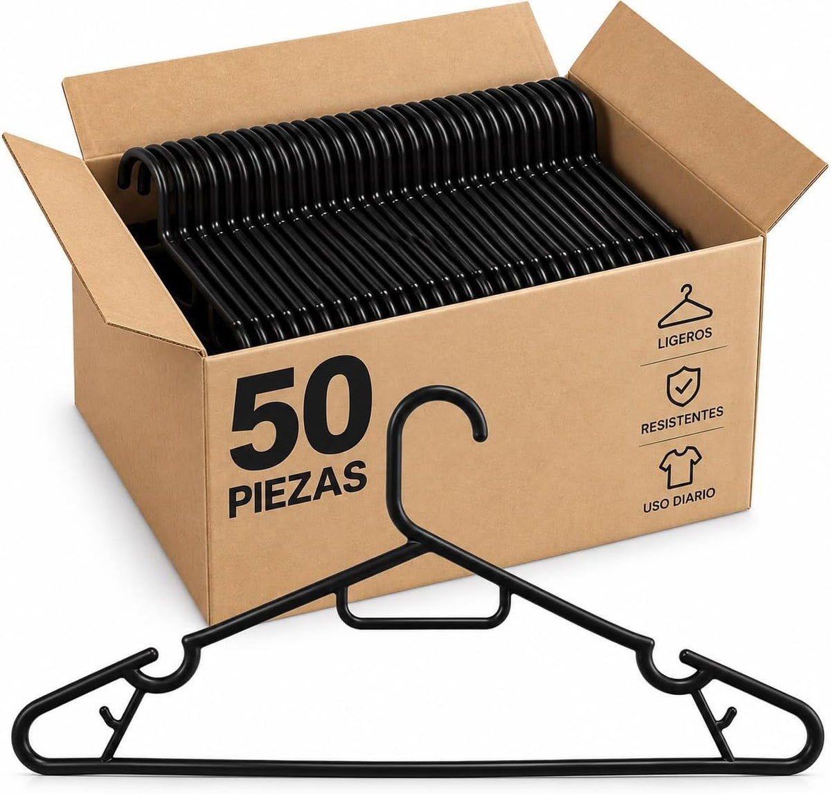 Ganchos para Ropa, Negro, Caja con 50 Piezas