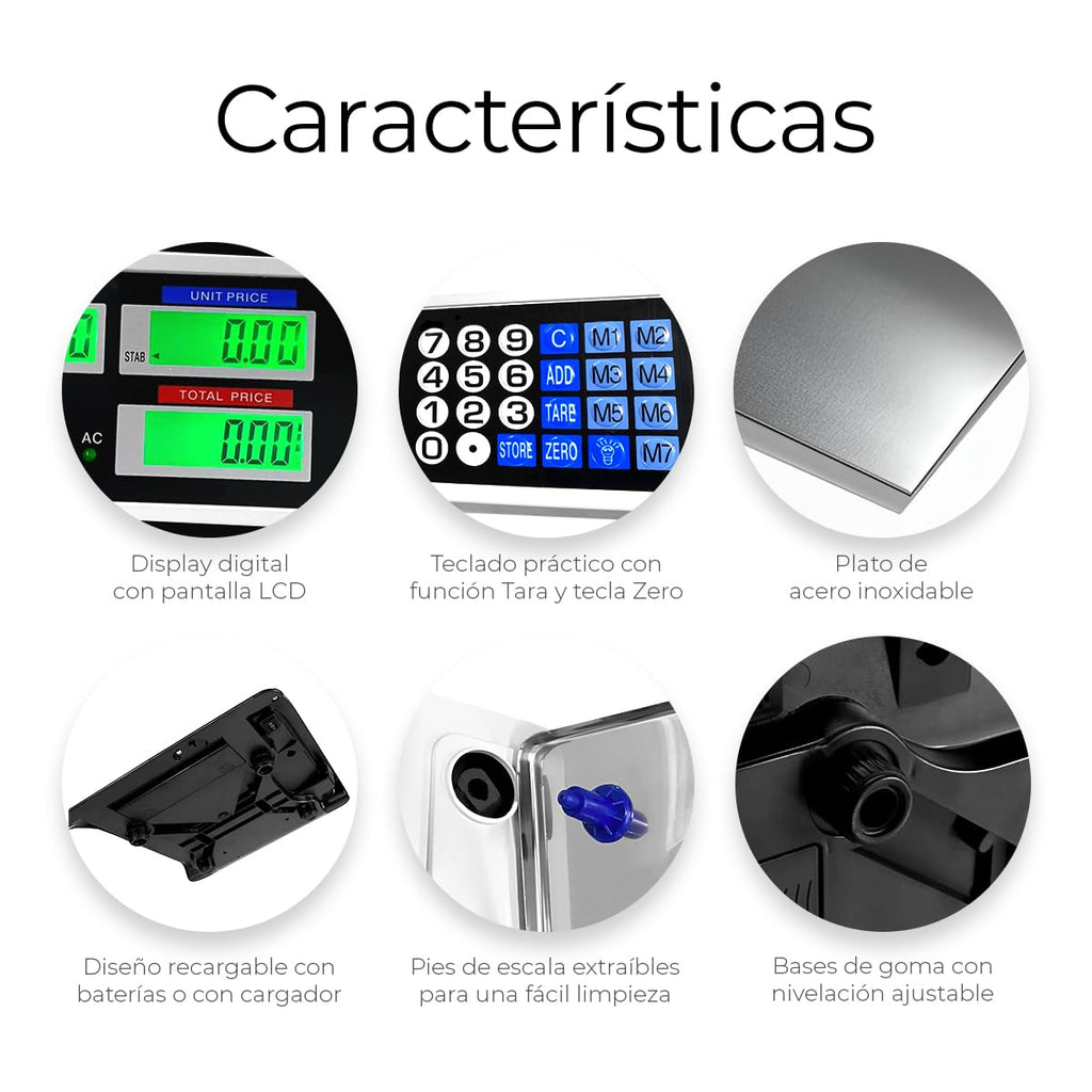 Raganet, Báscula Comercial 40 Kg, Báscula Digital Recargable Pantalla Lcd Función Tara, Para Tienda o Negocio (34 x 33 x 10 cm)