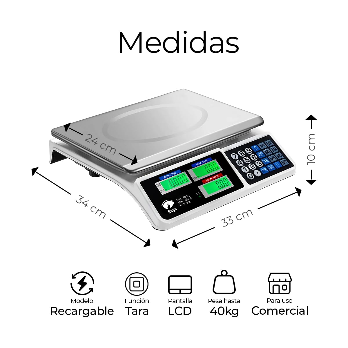 Raganet, Báscula Comercial 40 Kg, Báscula Digital Recargable Pantalla Lcd Función Tara, Para Tienda o Negocio (34 x 33 x 10 cm)