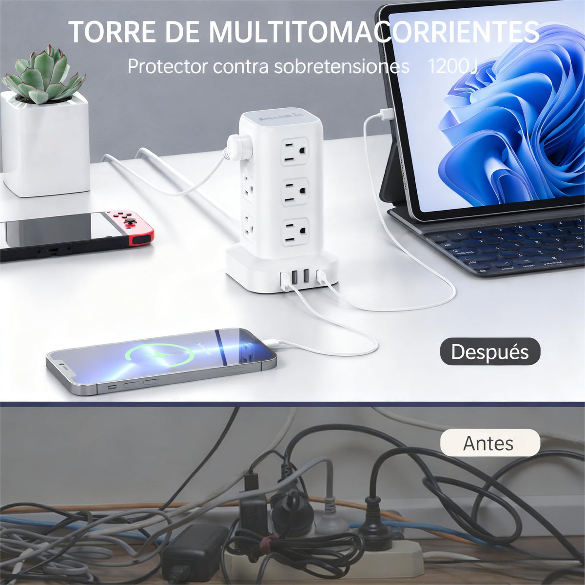 SMALLRT 1.98M Regleta Torre Multicontacto, Extension Electrica USB C Blanco