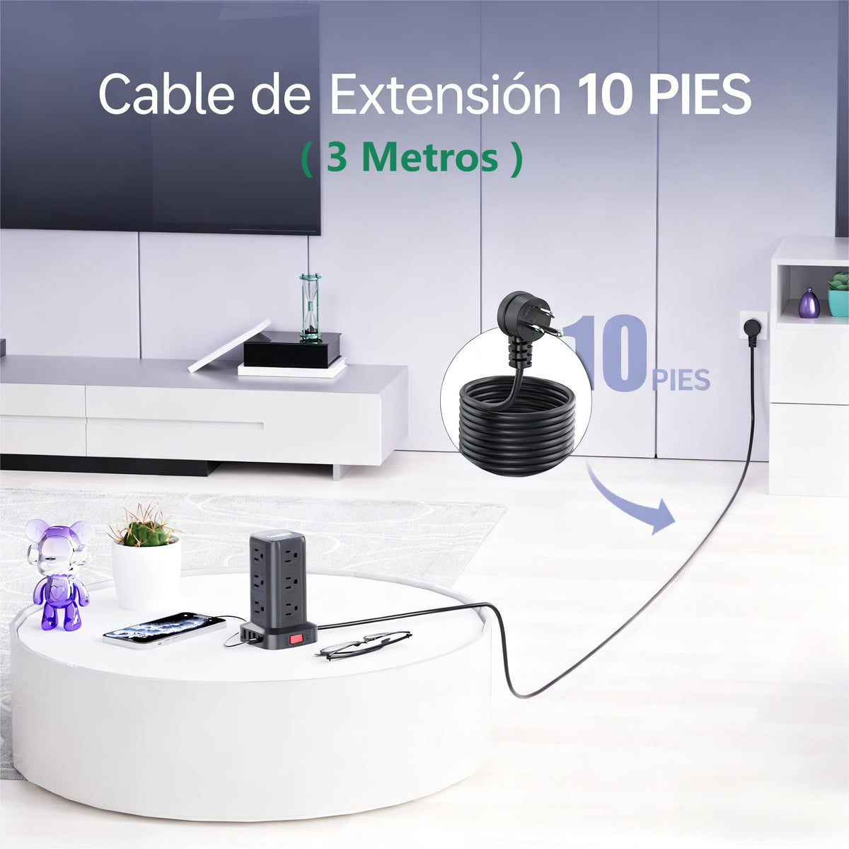 SMALLRT 1.98M Regleta Torre Multicontacto, Extension Electrica USB C Blanco