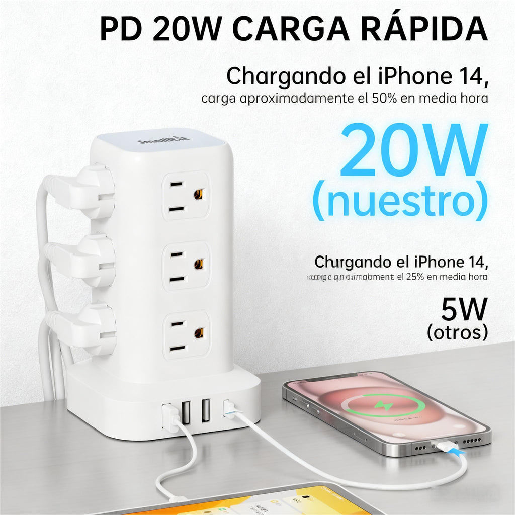 SMALLRT 1.98M Regleta Torre Multicontacto, Extension Electrica USB C Blanco