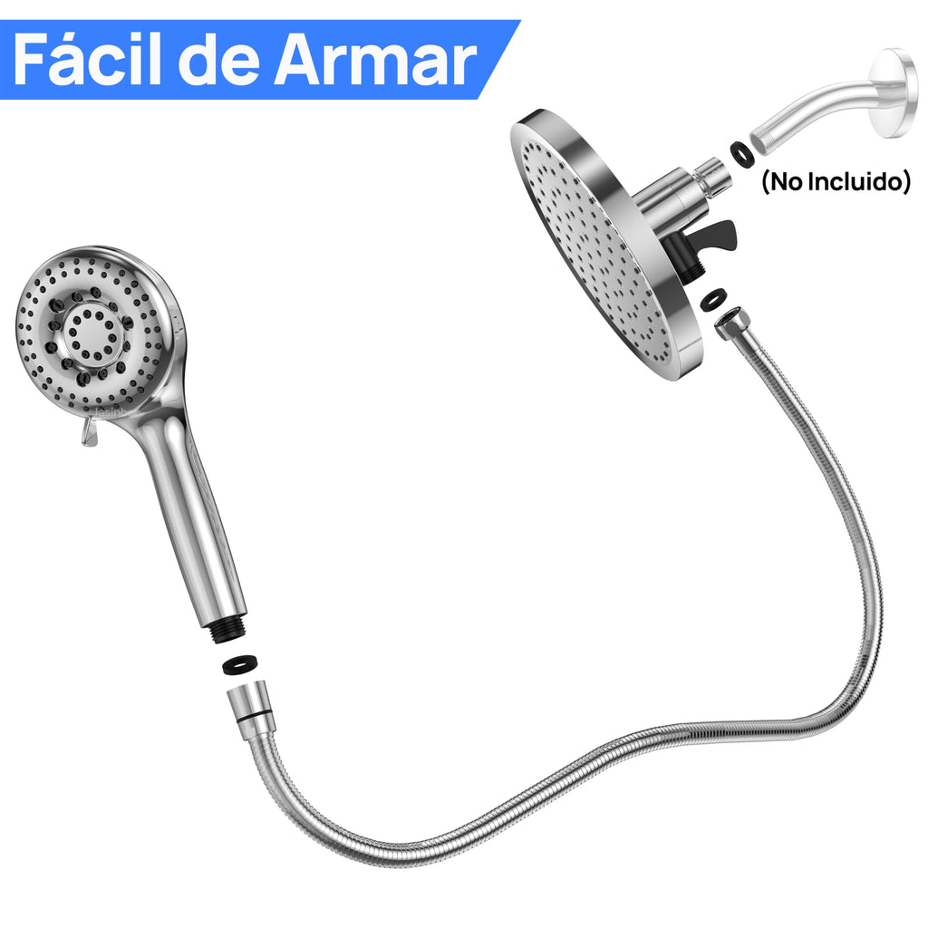 Jasinber Regaderas para Baño Combo de Cabezal de Ducha de Lluvia de Alta Presión de 6" Ducha de Mano,Regadera de Telefono con Manguera de 1,5 Metros y Cabezal Giratorio Ajustable (Cromo)