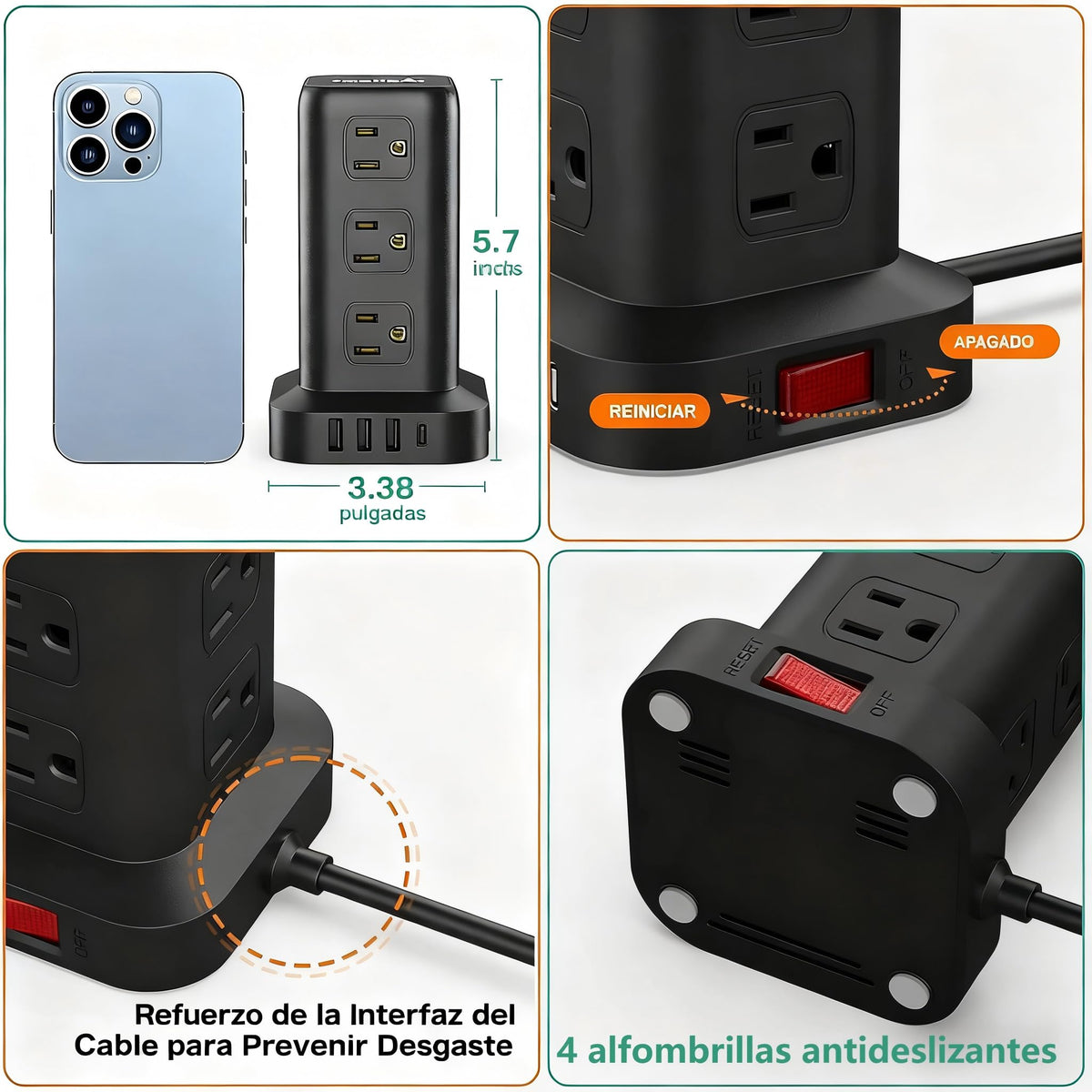 SMALLRT 1.98M Regleta Torre Multicontacto, Extension Electrica USB C Blanco