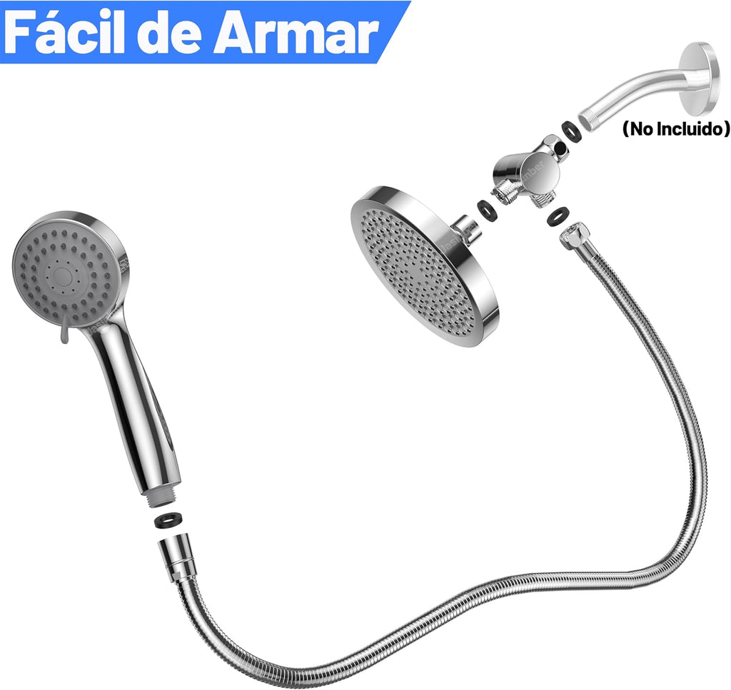 Jasinber Regaderas para Baño Combo de Cabezal de Ducha de Lluvia de Alta Presión de 6" Ducha de Mano,Regadera de Telefono con Manguera de 1,5 Metros y Cabezal Giratorio Ajustable (Cromo)