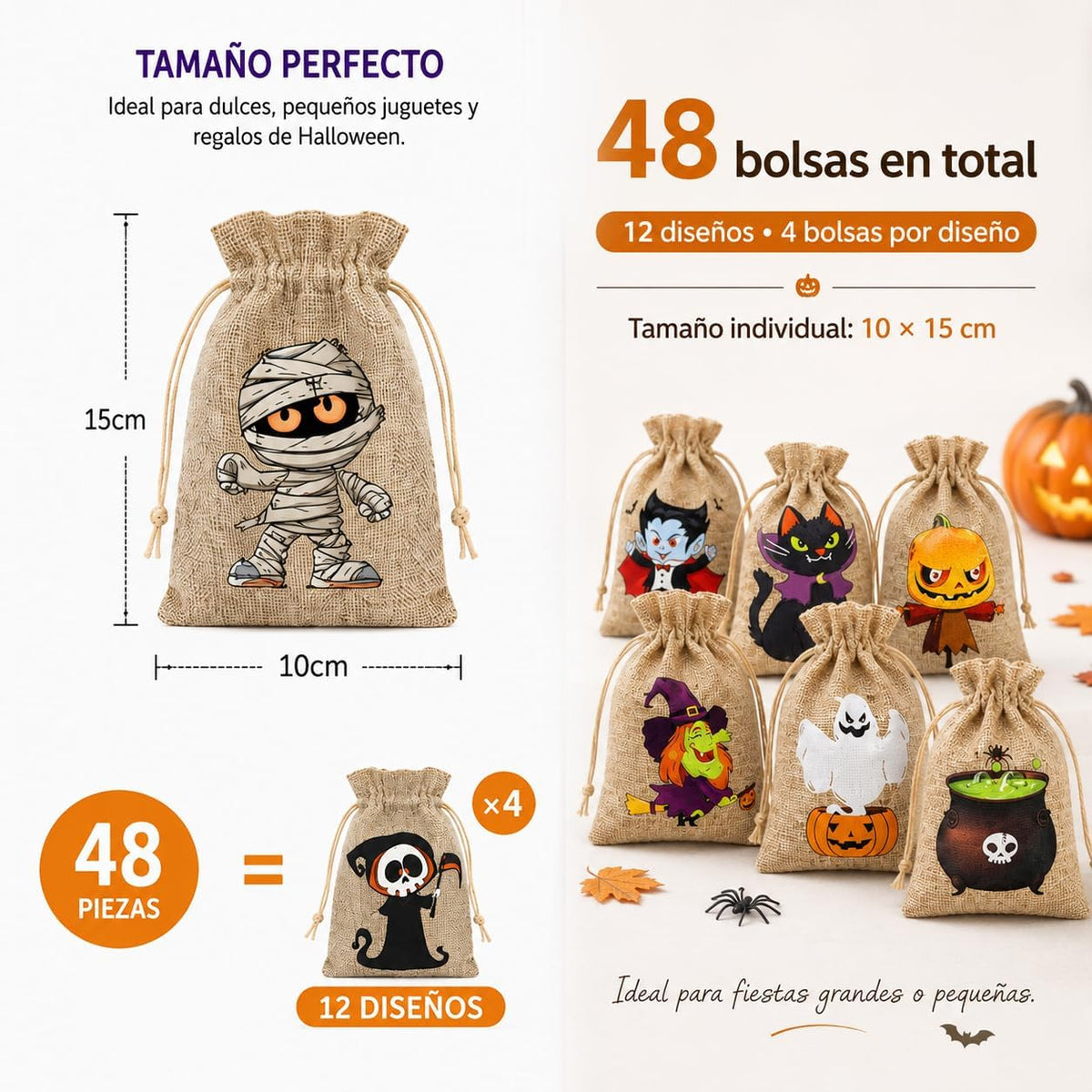 48 Bolsas de Arpillera para Halloween, 12 Diseños