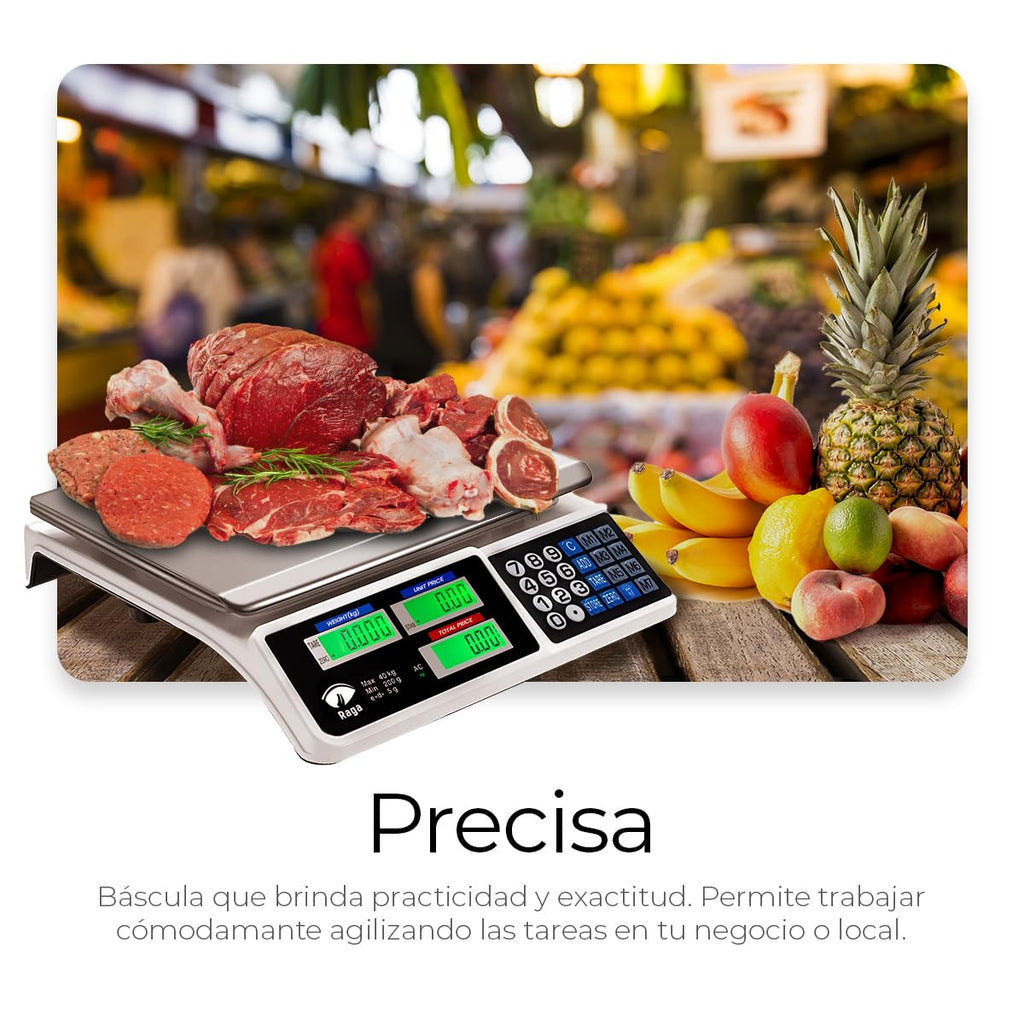 Raganet, Báscula Comercial 40 Kg, Báscula Digital Recargable Pantalla Lcd Función Tara, Para Tienda o Negocio (34 x 33 x 10 cm)