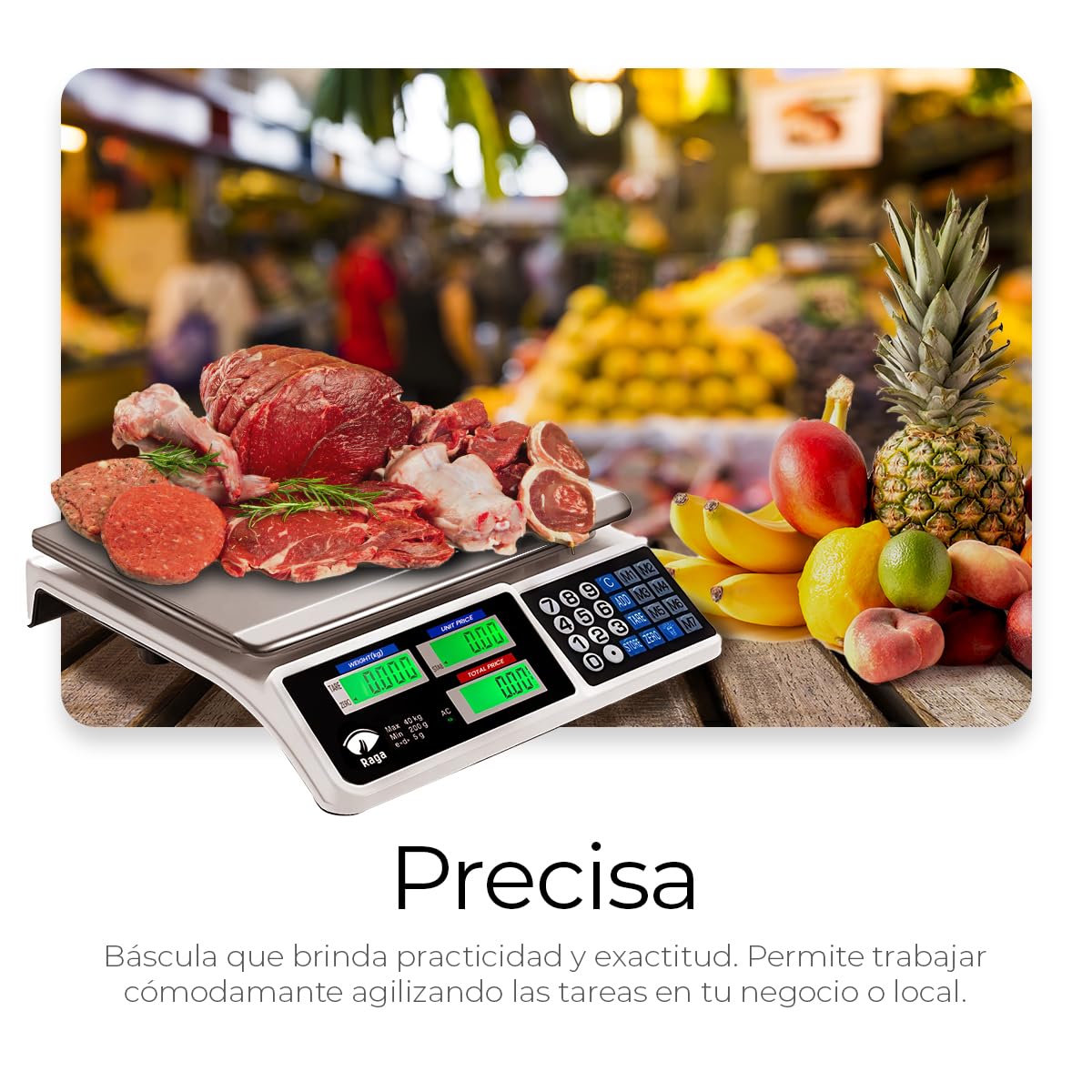 Raganet, Báscula Comercial 40 Kg, Báscula Digital Recargable Pantalla Lcd Función Tara, Para Tienda o Negocio (34 x 33 x 10 cm)