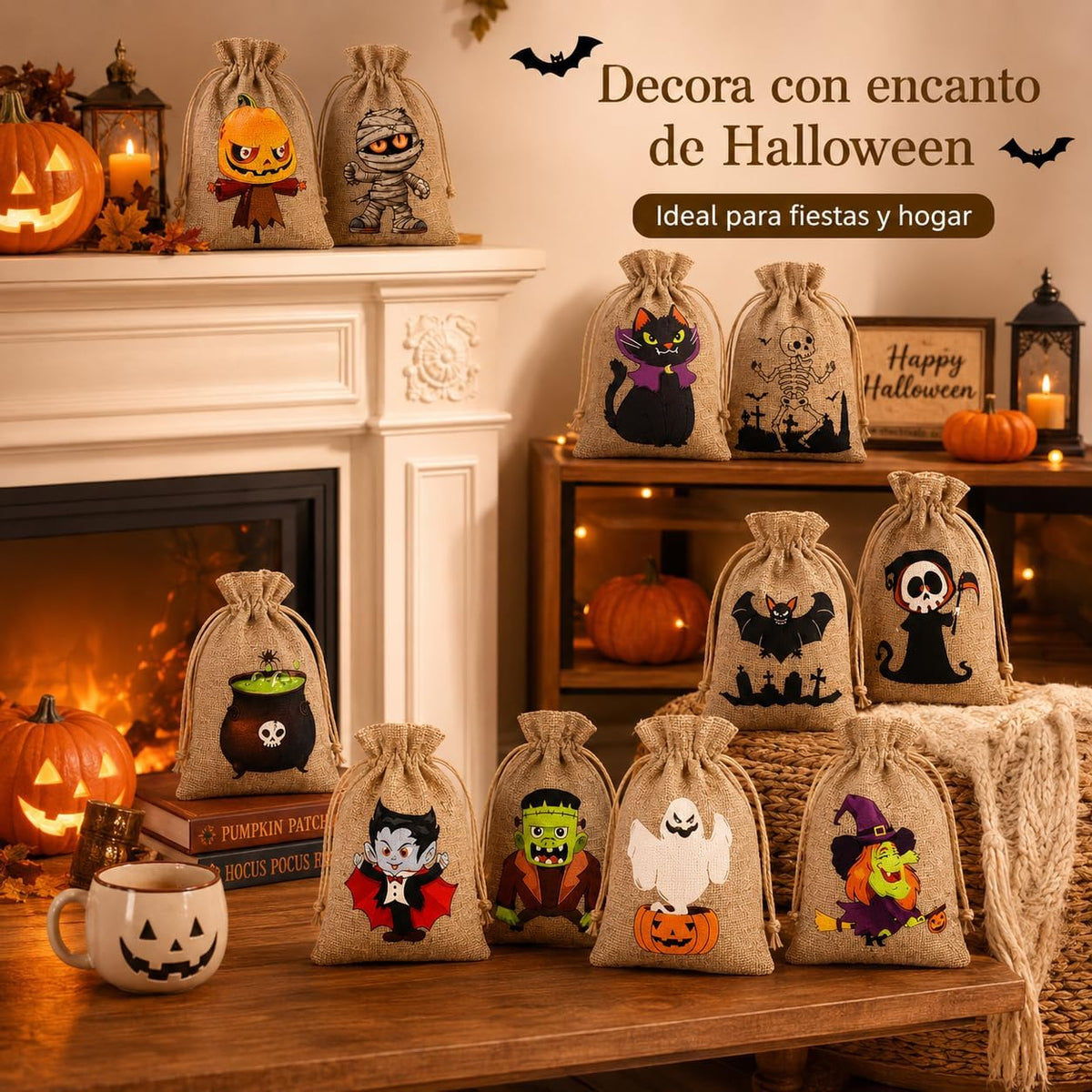 48 Bolsas de Arpillera para Halloween, 12 Diseños