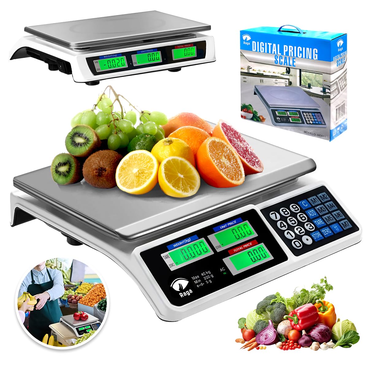 Raganet, Báscula Comercial 40 Kg, Báscula Digital Recargable Pantalla Lcd Función Tara, Para Tienda o Negocio (34 x 33 x 10 cm)