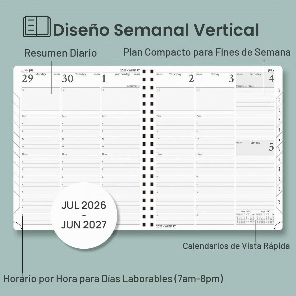 POPRUN Agenda Semanal 2027, 22,5 x16,5 cm Calendario, Planificador Diario