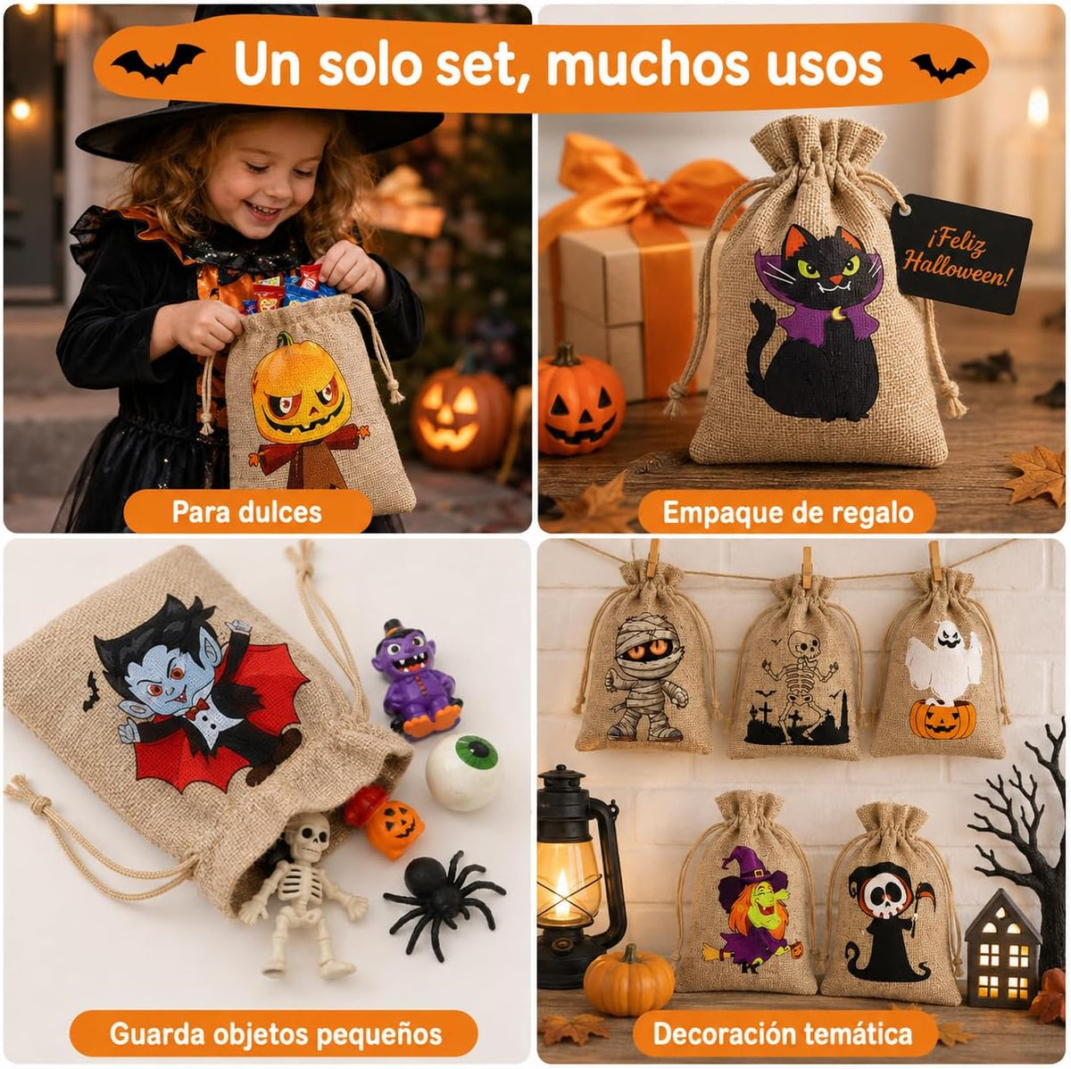 48 Bolsas de Arpillera para Halloween, 12 Diseños