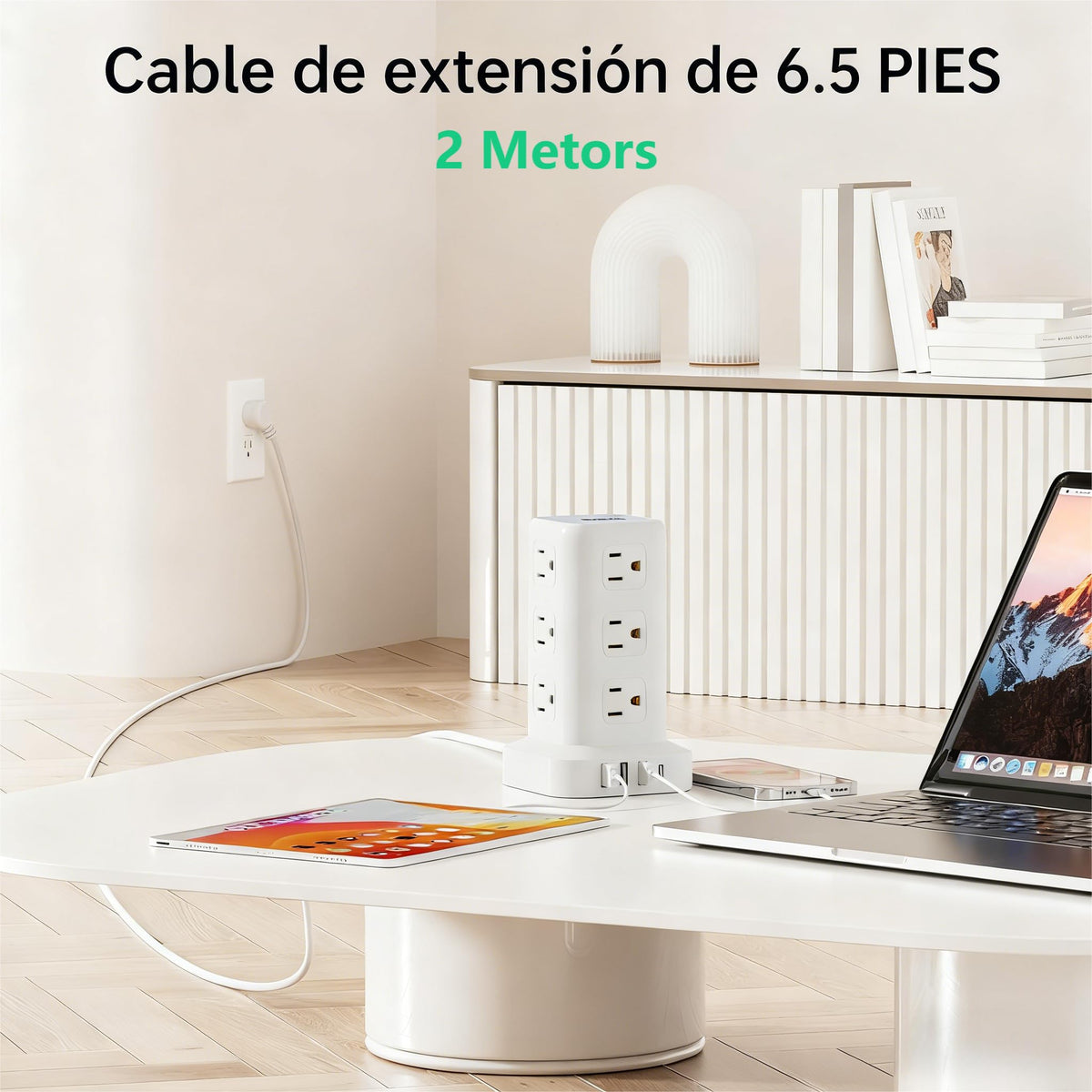 SMALLRT 1.98M Regleta Torre Multicontacto, Extension Electrica USB C Blanco