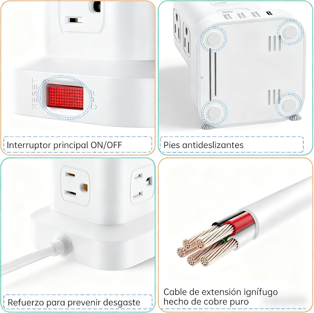 SMALLRT 1.98M Regleta Torre Multicontacto, Extension Electrica USB C Blanco
