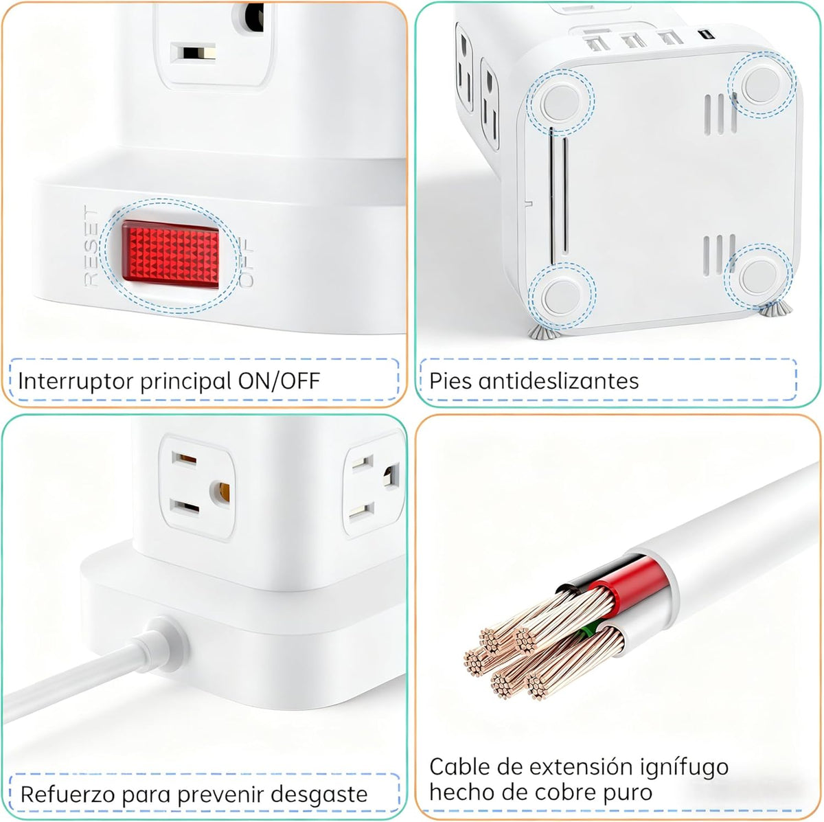 SMALLRT 1.98M Regleta Torre Multicontacto, Extension Electrica USB C Blanco