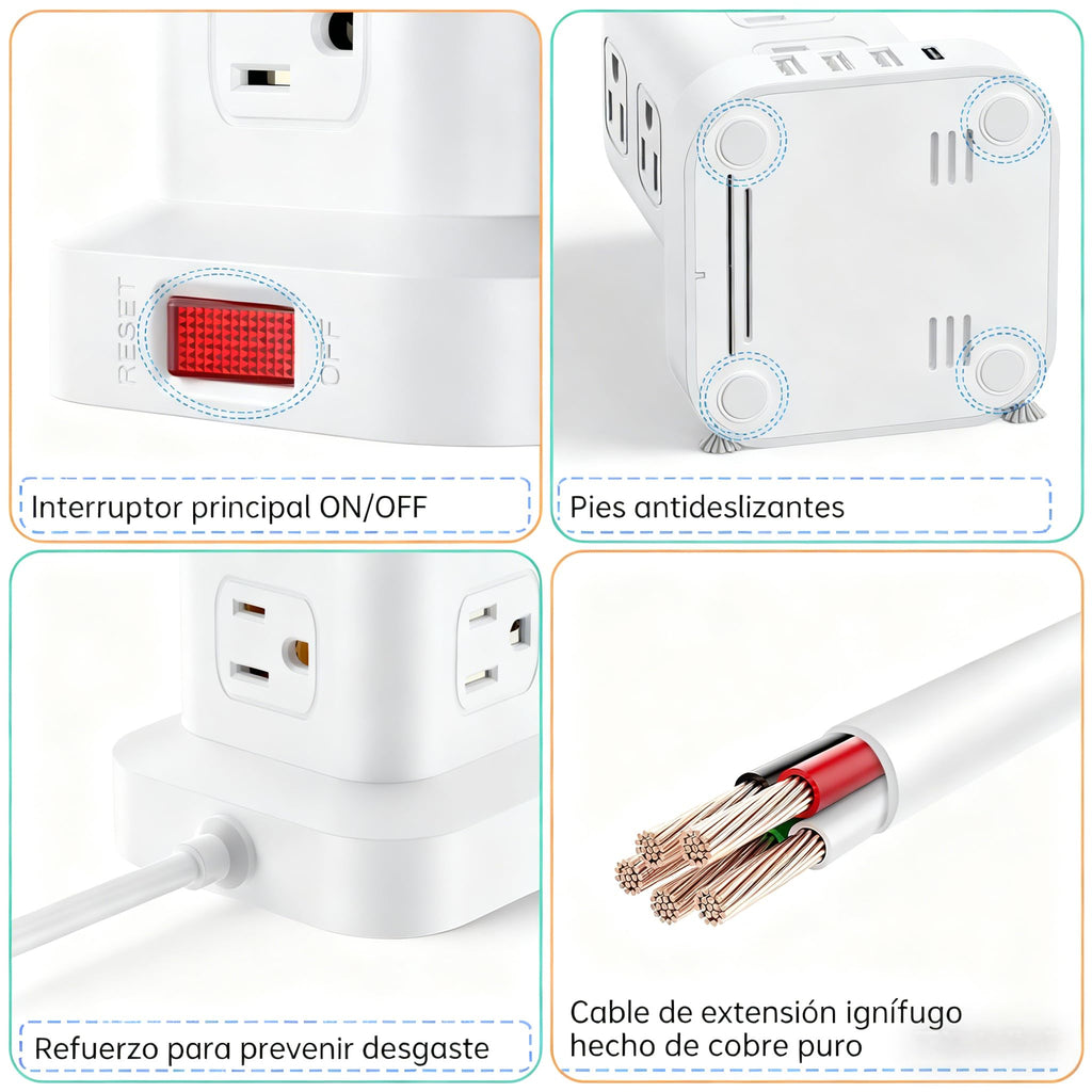 SMALLRT 1.98M Regleta Torre Multicontacto, Extension Electrica USB C Blanco