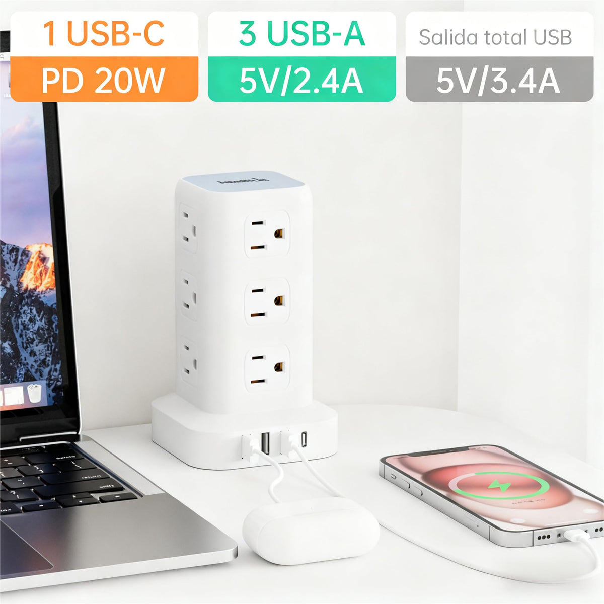SMALLRT 1.98M Regleta Torre Multicontacto, Extension Electrica USB C Blanco