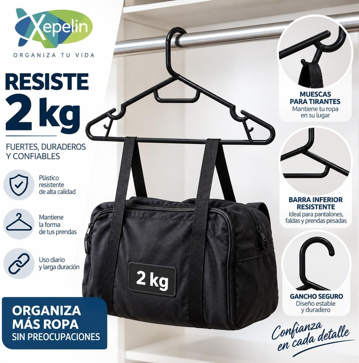 Ganchos para Ropa, Negro, Caja con 50 Piezas