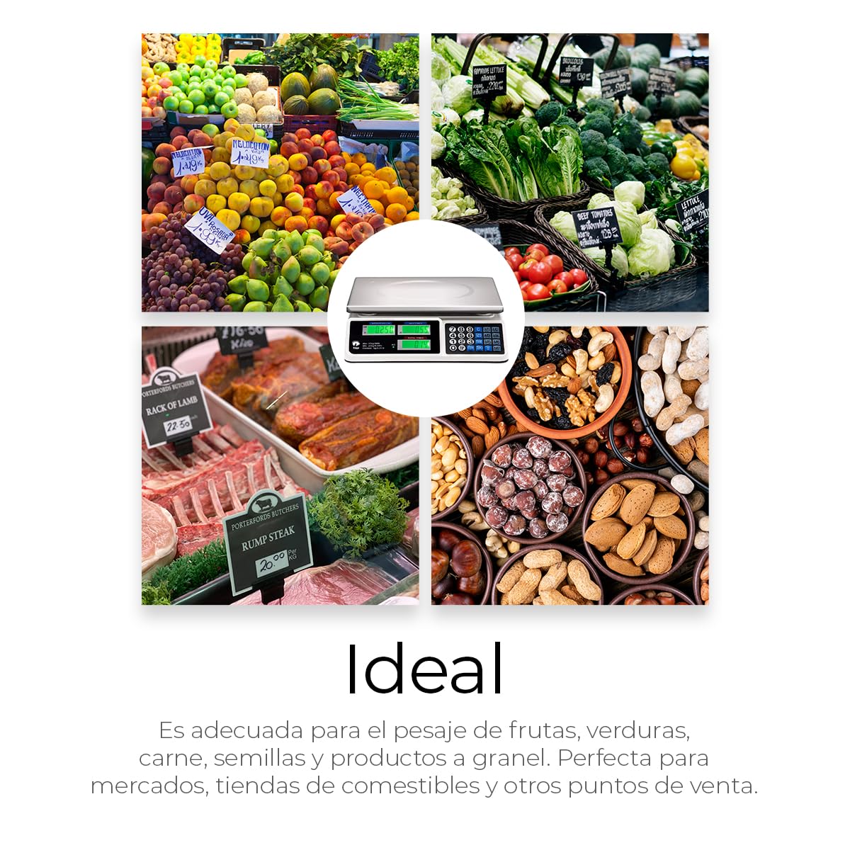 Raganet, Báscula Comercial 40 Kg, Báscula Digital Recargable Pantalla Lcd Función Tara, Para Tienda o Negocio (34 x 33 x 10 cm)