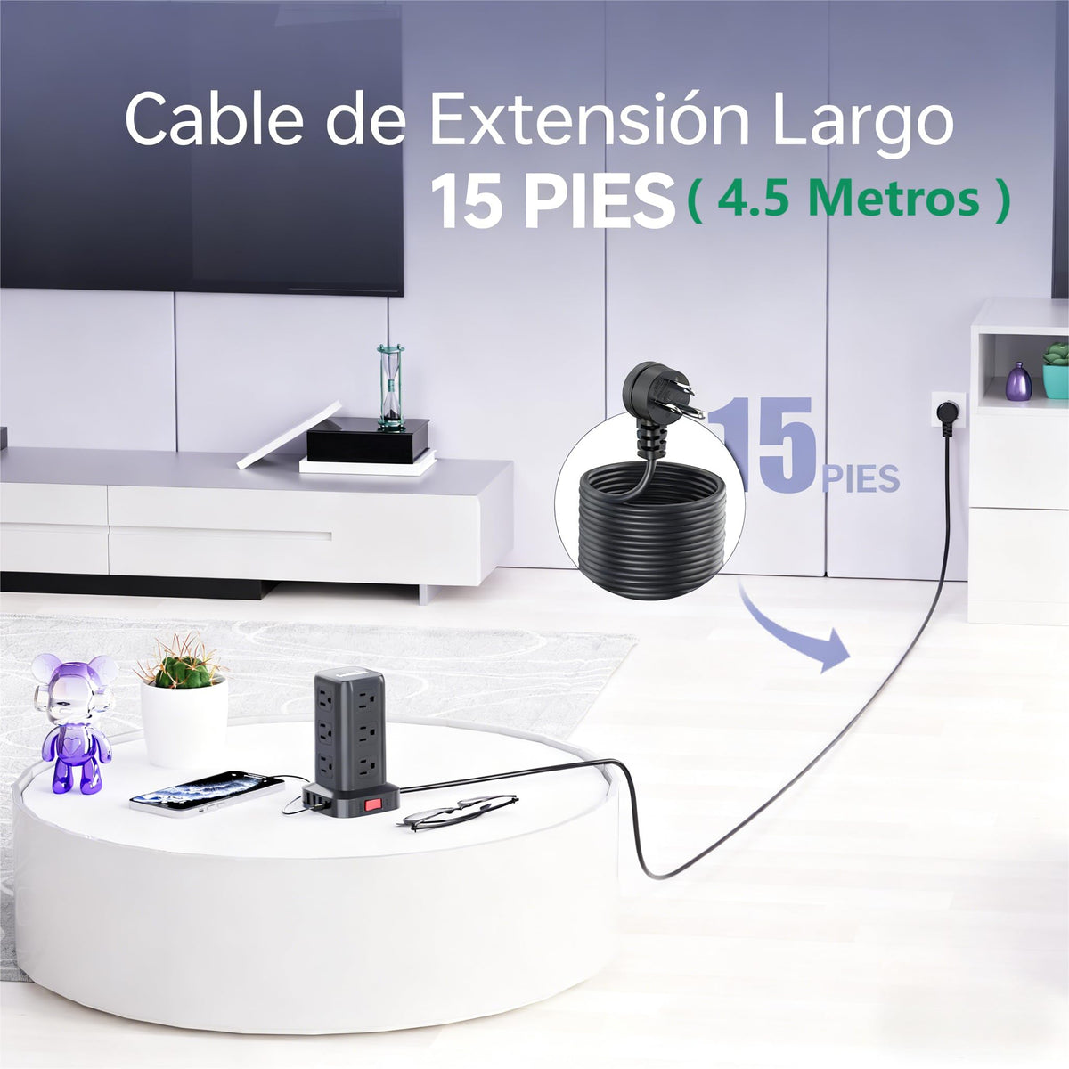 SMALLRT 1.98M Regleta Torre Multicontacto, Extension Electrica USB C Blanco