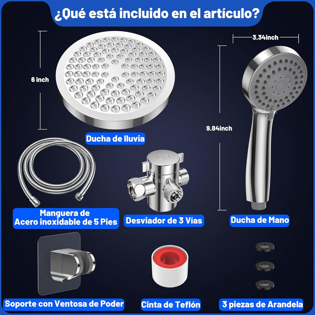 Jasinber Regaderas para Baño Combo de Cabezal de Ducha de Lluvia de Alta Presión de 6" Ducha de Mano,Regadera de Telefono con Manguera de 1,5 Metros y Cabezal Giratorio Ajustable (Cromo)