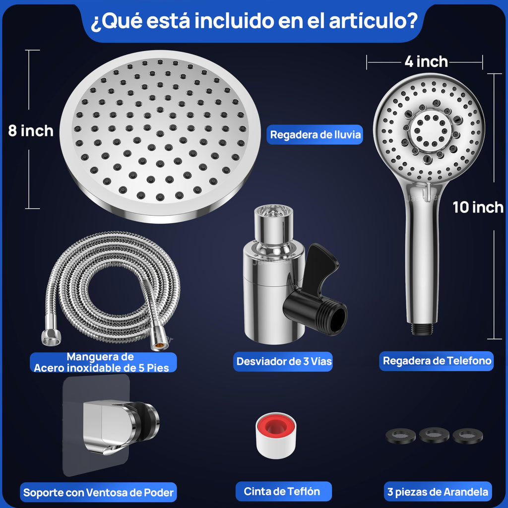Jasinber Regaderas para Baño Combo de Cabezal de Ducha de Lluvia de Alta Presión de 6" Ducha de Mano,Regadera de Telefono con Manguera de 1,5 Metros y Cabezal Giratorio Ajustable (Cromo)