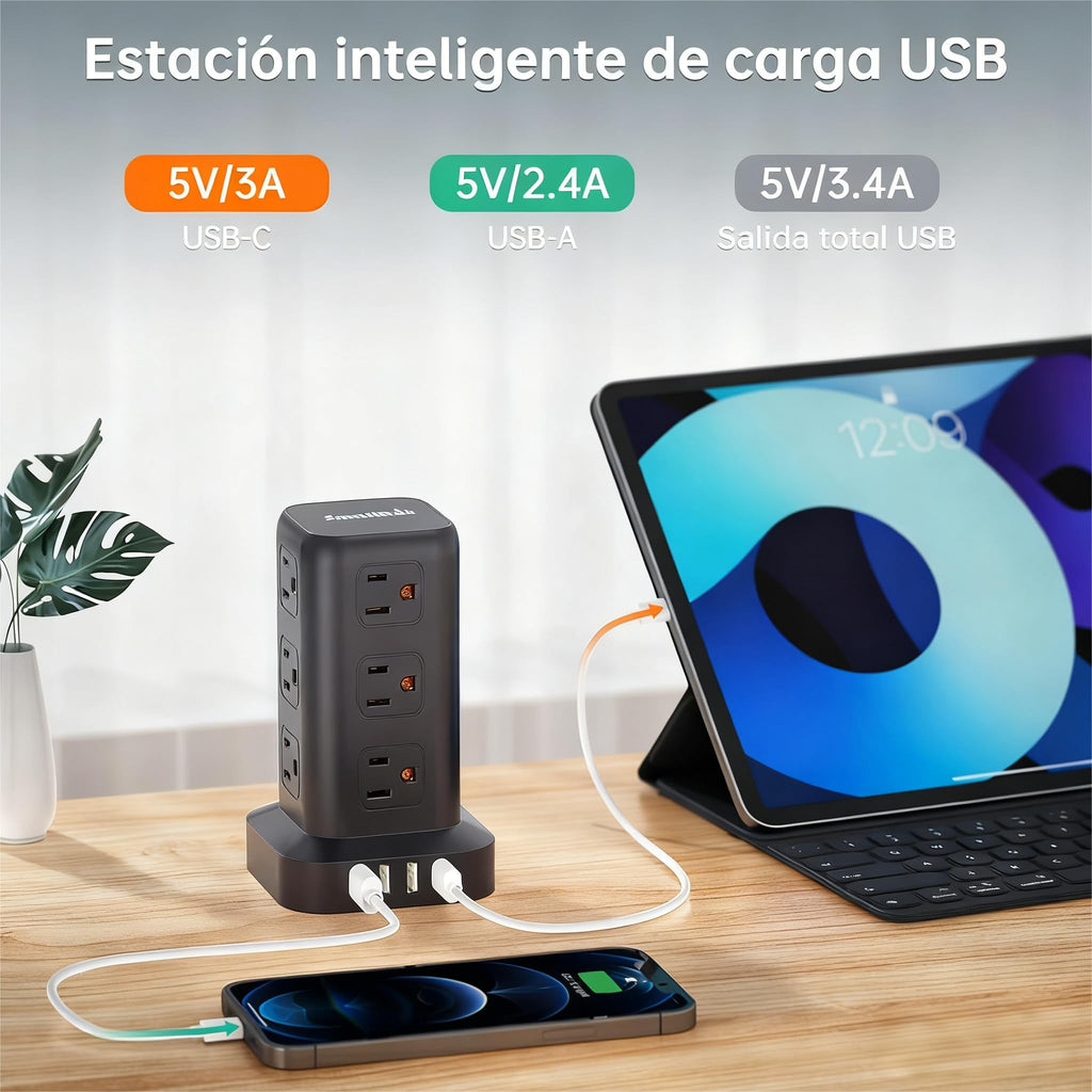SMALLRT 1.98M Regleta Torre Multicontacto, Extension Electrica USB C Blanco