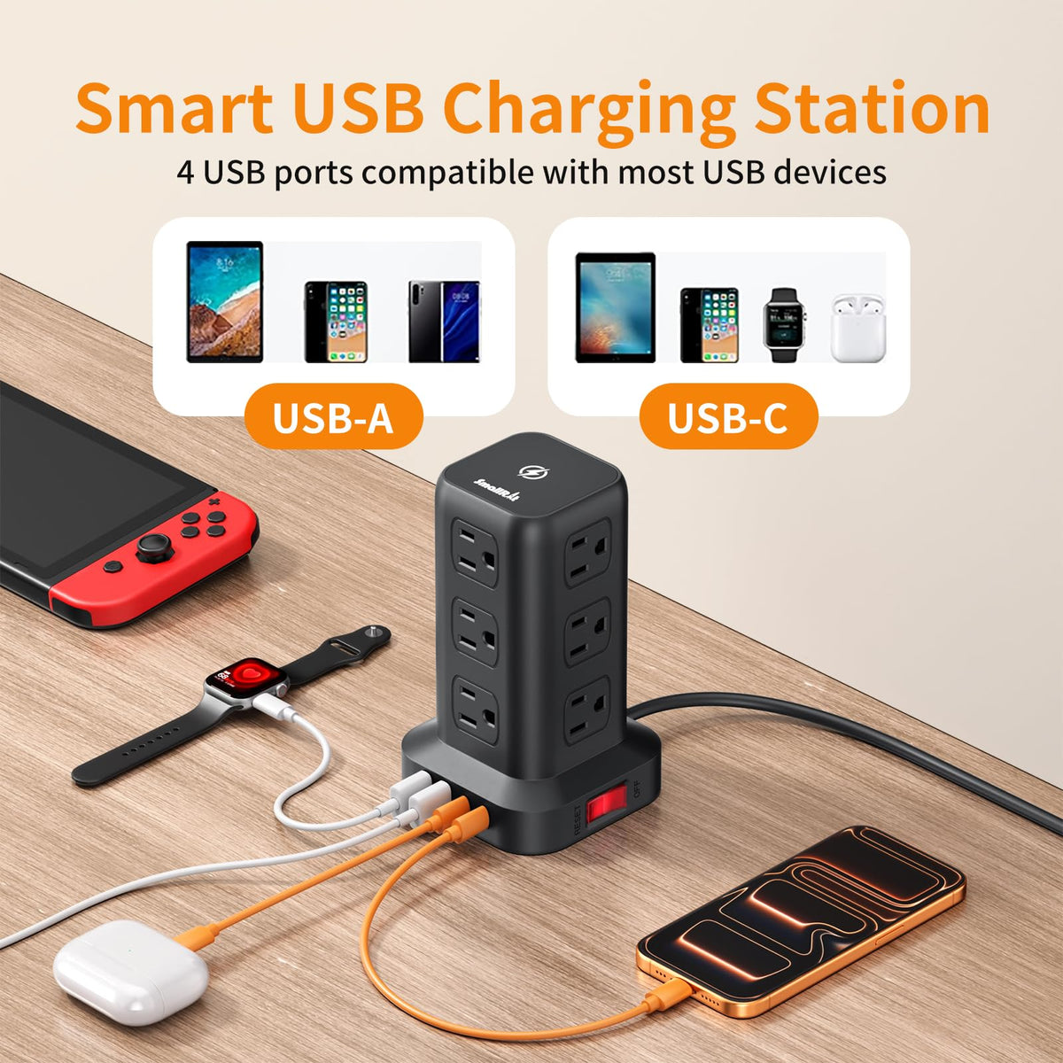 SMALLRT 1.98M Regleta Torre Multicontacto, Extension Electrica USB C Blanco