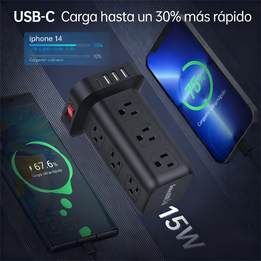 SMALLRT 1.98M Regleta Torre Multicontacto, Extension Electrica USB C Blanco