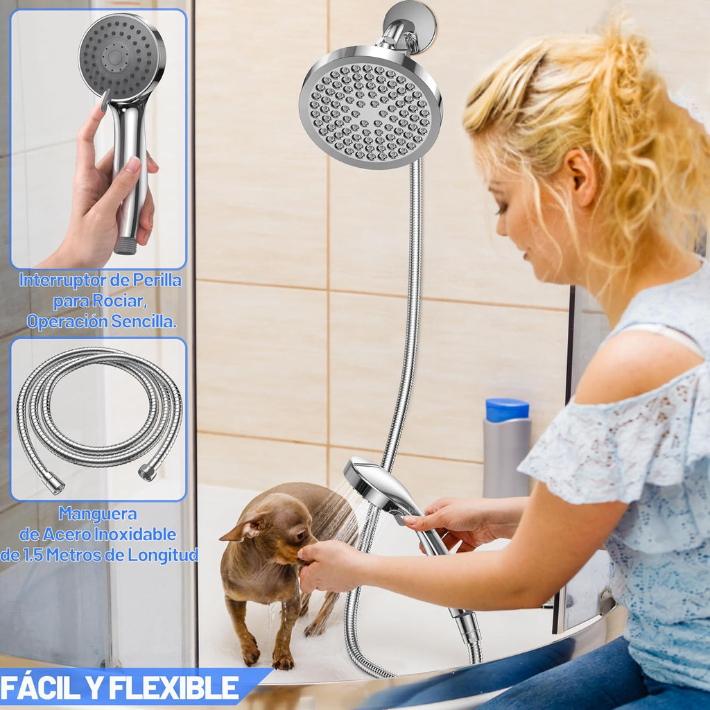 Jasinber Regaderas para Baño Combo de Cabezal de Ducha de Lluvia de Alta Presión de 6" Ducha de Mano,Regadera de Telefono con Manguera de 1,5 Metros y Cabezal Giratorio Ajustable (Cromo)