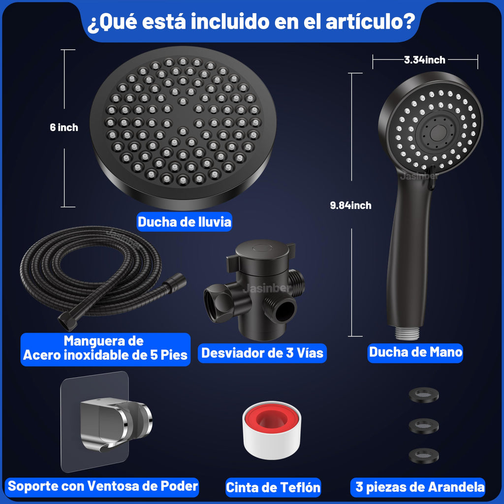 Jasinber Regaderas para Baño Combo de Cabezal de Ducha de Lluvia de Alta Presión de 6" Ducha de Mano,Regadera de Telefono con Manguera de 1,5 Metros y Cabezal Giratorio Ajustable (Cromo)