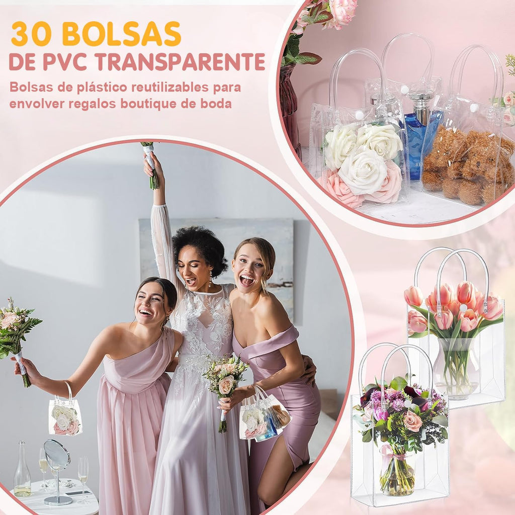 30PCS Bolsas de Regalo de PVC Transparente con Asas, Bolsas de Plástico Reutilizable, Bolsas de Compras para Bodas, Bolsas de Dulces para Fiestas, Cumpleaños, Escolares