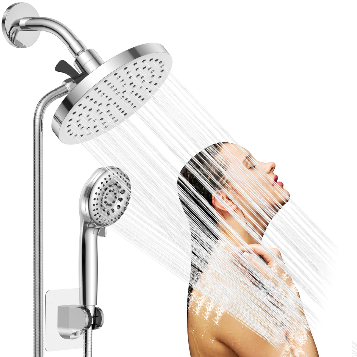 Jasinber Regaderas para Baño Combo de Cabezal de Ducha de Lluvia de Alta Presión de 6" Ducha de Mano,Regadera de Telefono con Manguera de 1,5 Metros y Cabezal Giratorio Ajustable (Cromo)