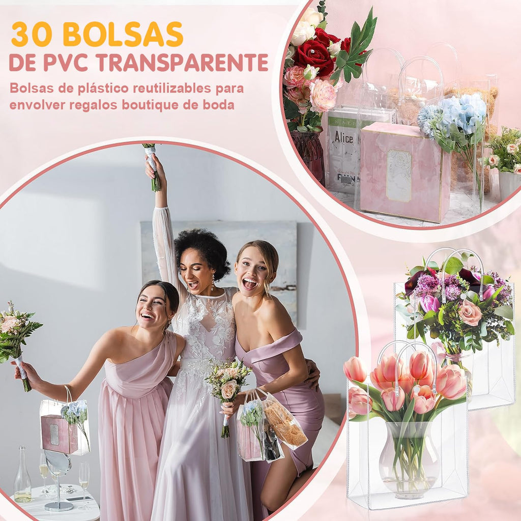 30PCS Bolsas de Regalo de PVC Transparente con Asas, Bolsas de Plástico Reutilizable, Bolsas de Compras para Bodas, Bolsas de Dulces para Fiestas, Cumpleaños, Escolares