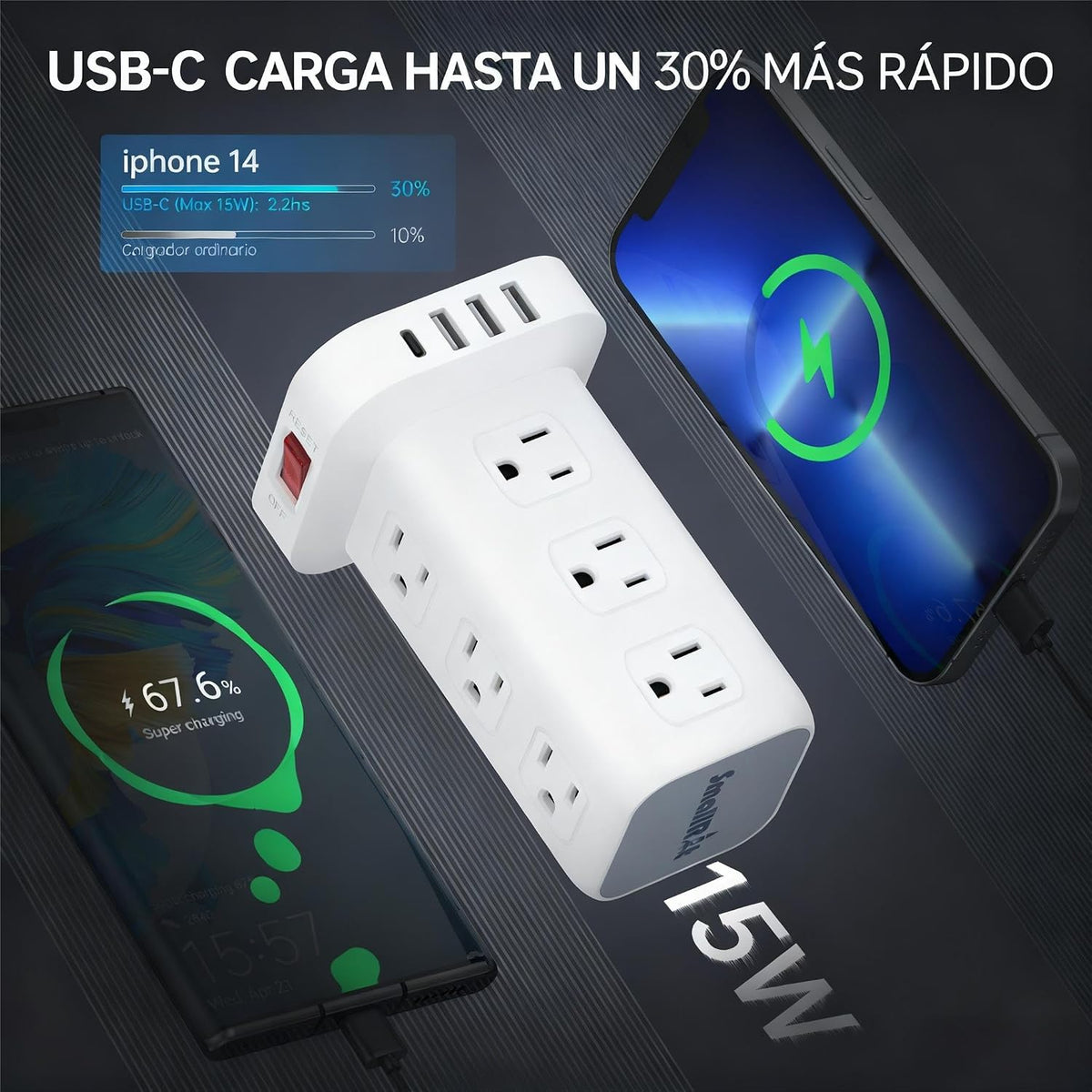 SMALLRT 1.98M Regleta Torre Multicontacto, Extension Electrica USB C Blanco