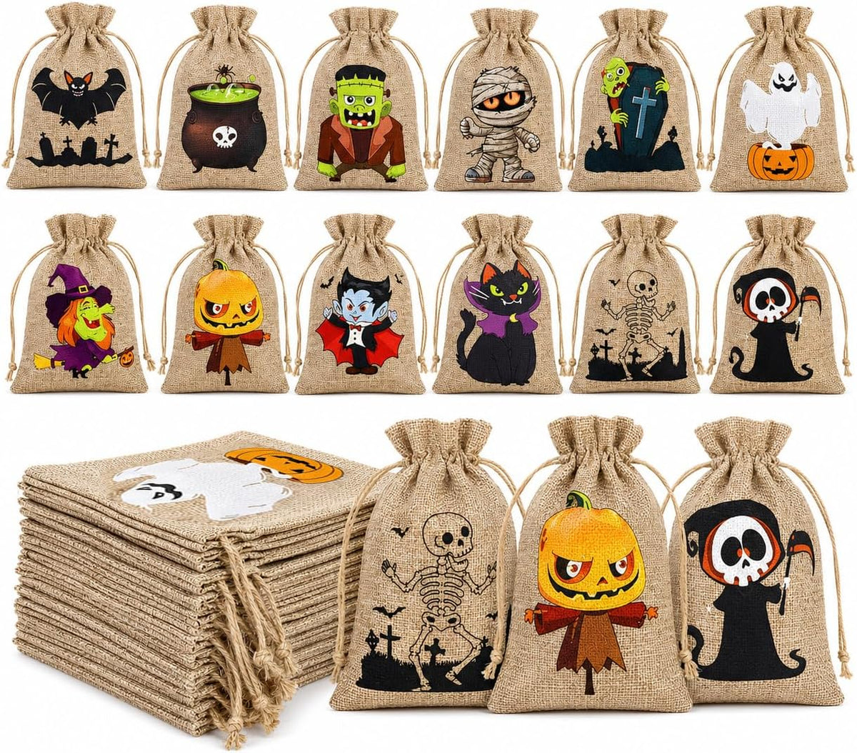 48 Bolsas de Arpillera para Halloween, 12 Diseños