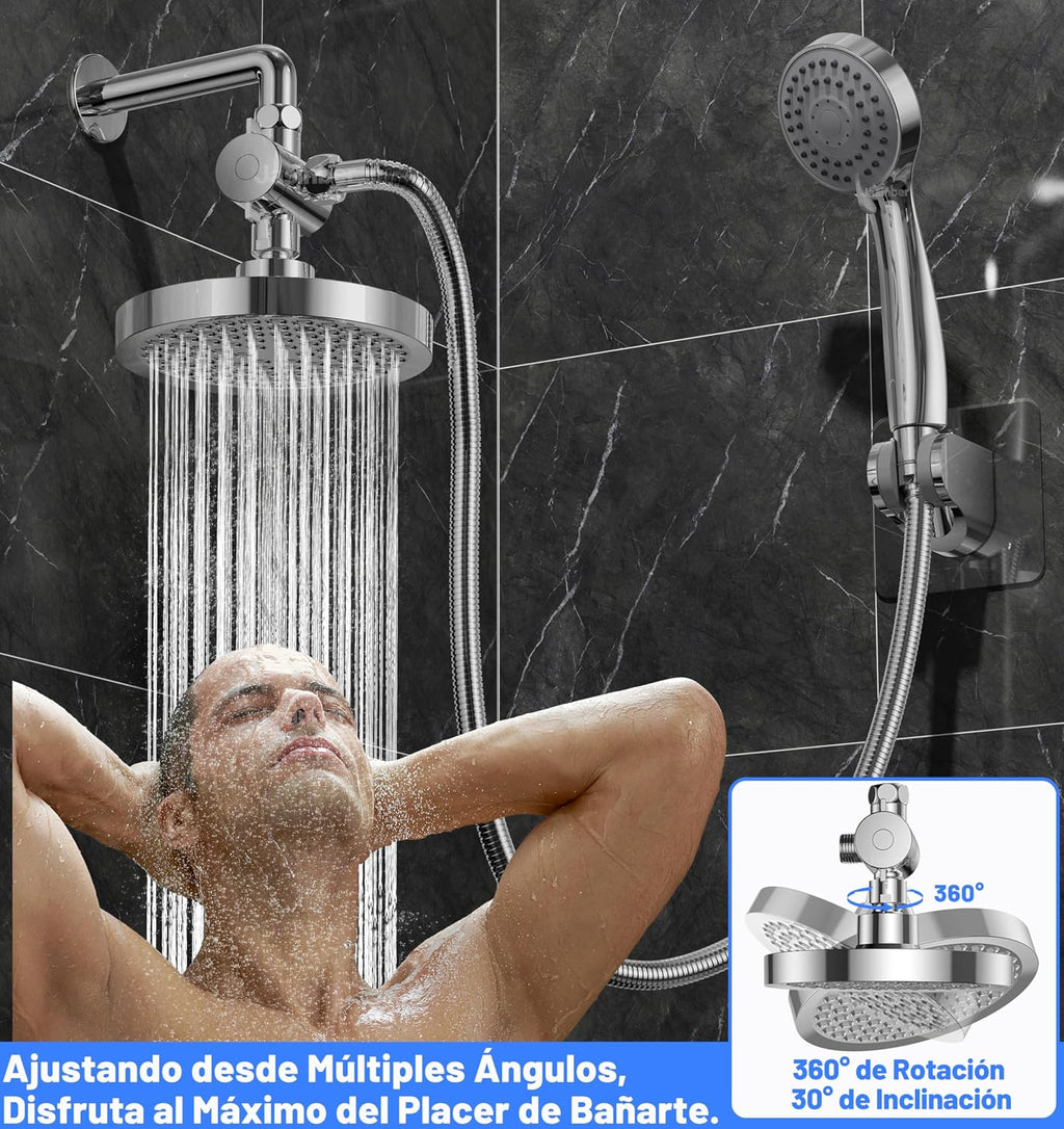 Jasinber Regaderas para Baño Combo de Cabezal de Ducha de Lluvia de Alta Presión de 6" Ducha de Mano,Regadera de Telefono con Manguera de 1,5 Metros y Cabezal Giratorio Ajustable (Cromo)