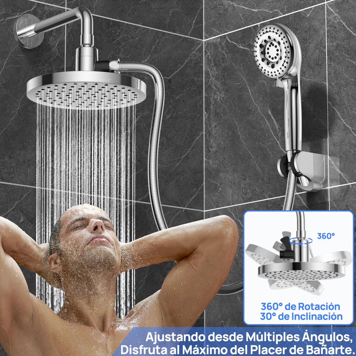 Jasinber Regaderas para Baño Combo de Cabezal de Ducha de Lluvia de Alta Presión de 6" Ducha de Mano,Regadera de Telefono con Manguera de 1,5 Metros y Cabezal Giratorio Ajustable (Cromo)