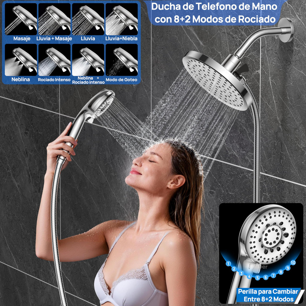 Jasinber Regaderas para Baño Combo de Cabezal de Ducha de Lluvia de Alta Presión de 6" Ducha de Mano,Regadera de Telefono con Manguera de 1,5 Metros y Cabezal Giratorio Ajustable (Cromo)