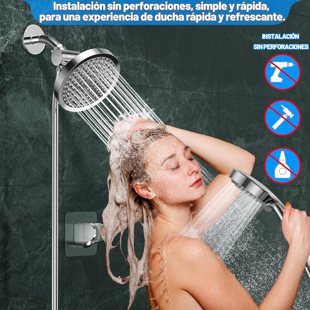 Jasinber Regaderas para Baño Combo de Cabezal de Ducha de Lluvia de Alta Presión de 6" Ducha de Mano,Regadera de Telefono con Manguera de 1,5 Metros y Cabezal Giratorio Ajustable (Cromo)