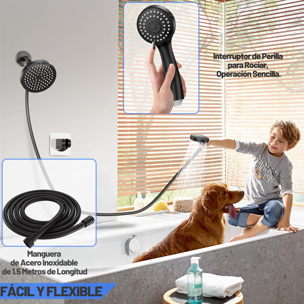 Jasinber Regaderas para Baño Combo de Cabezal de Ducha de Lluvia de Alta Presión de 6" Ducha de Mano,Regadera de Telefono con Manguera de 1,5 Metros y Cabezal Giratorio Ajustable (Cromo)