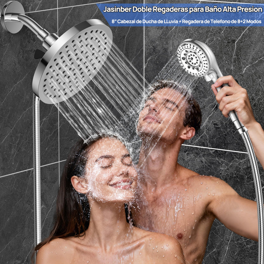 Jasinber Regaderas para Baño Combo de Cabezal de Ducha de Lluvia de Alta Presión de 6" Ducha de Mano,Regadera de Telefono con Manguera de 1,5 Metros y Cabezal Giratorio Ajustable (Cromo)